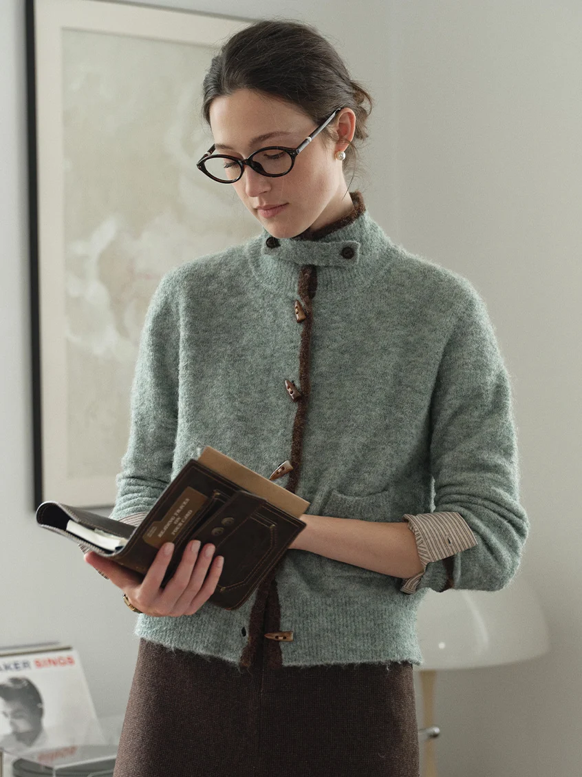 Kalliope Faux-Horn Button Contrast-Trim Cardigan