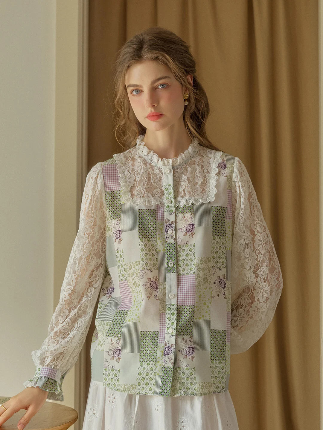 【Final Sale】Vivienne Lace Collar Patchwork Blouse - Green