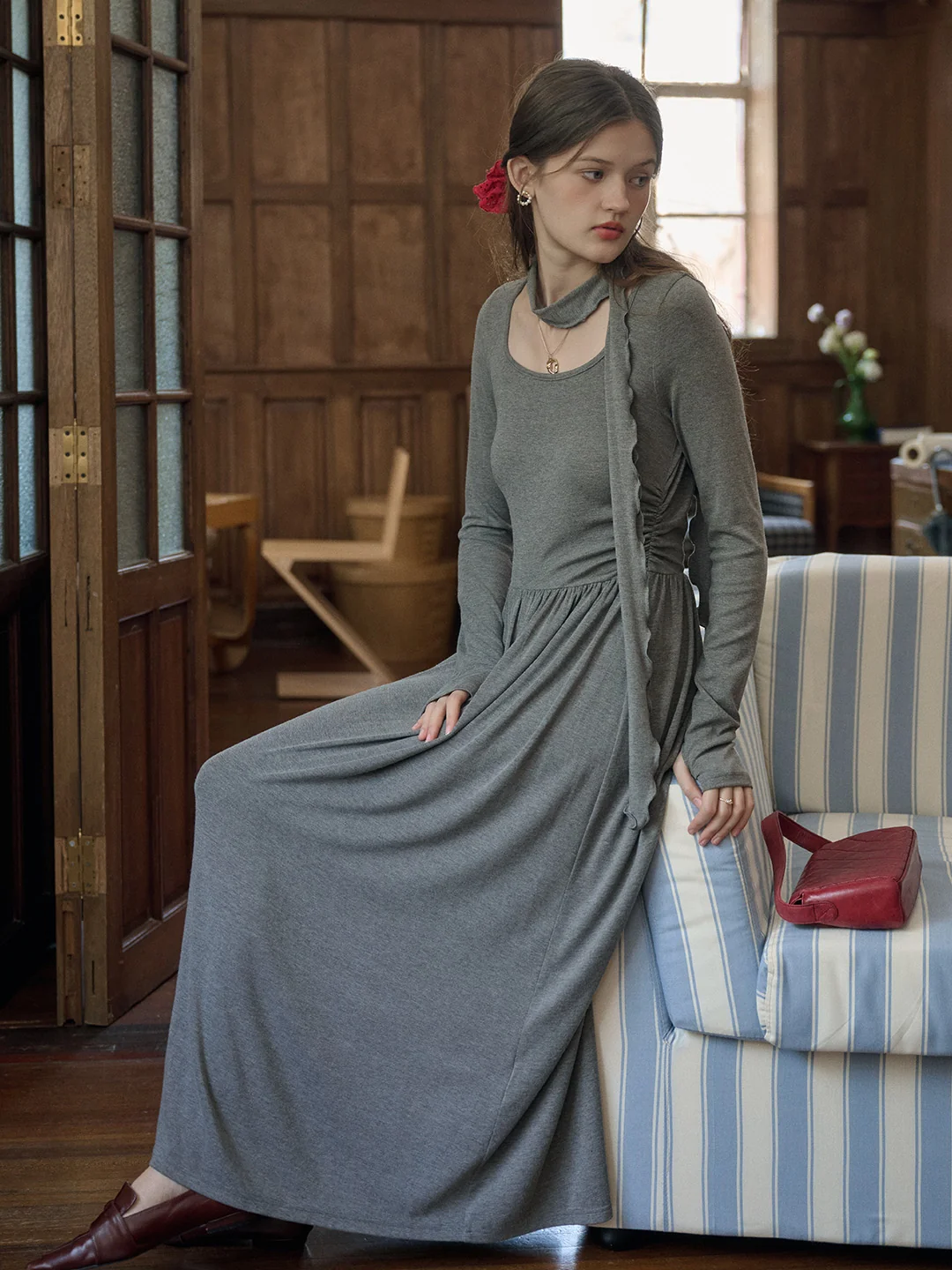 【Final Sale】Eloisa Round Neck Rose Bow Dress