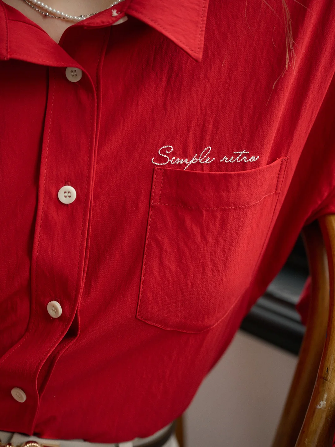 Estrella Classic Lapel Contrast SR Logo Embroidered Pocket Shirt - Red