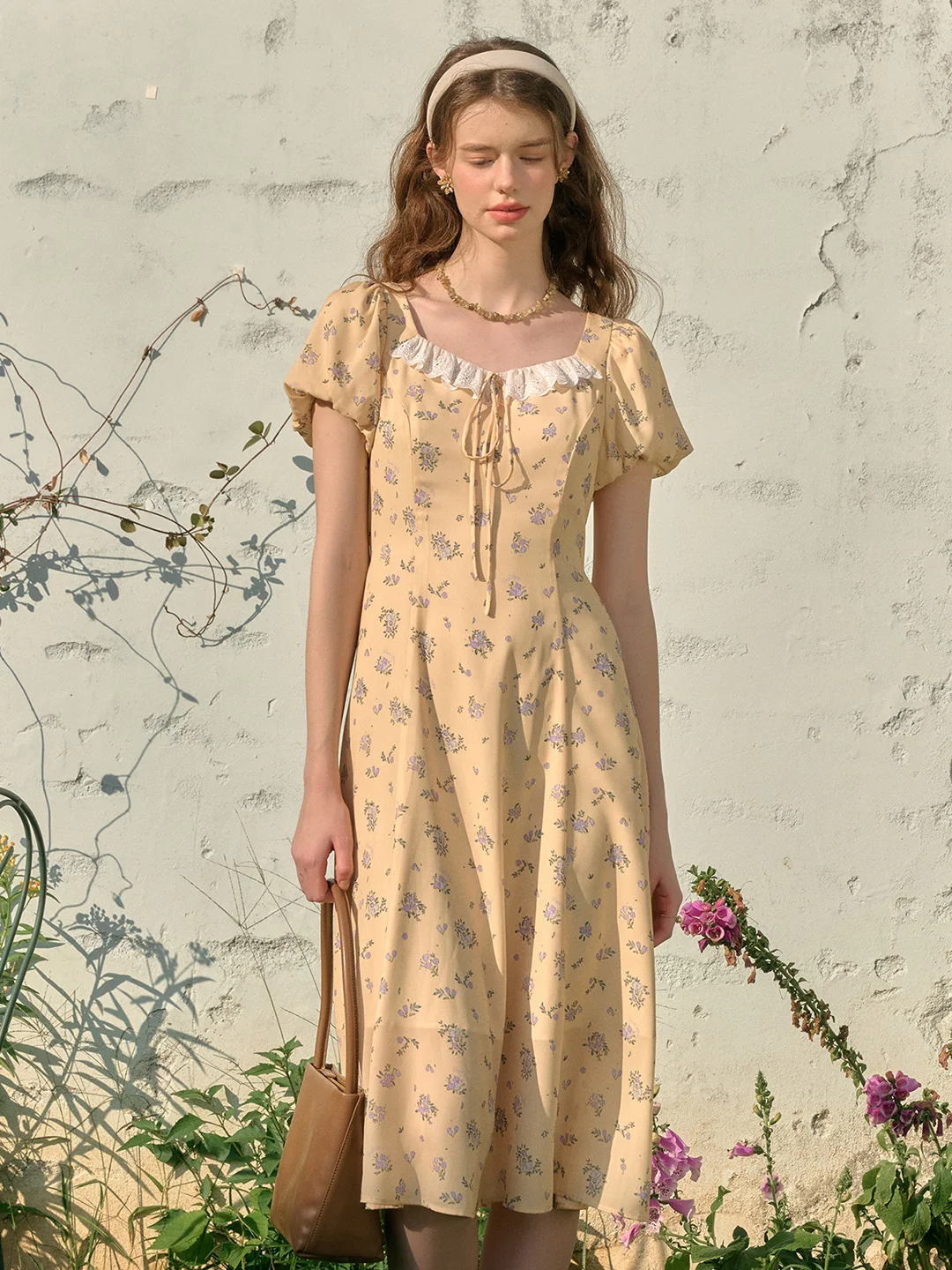 Emma Square Neck Lace Puff Sleeves Dress