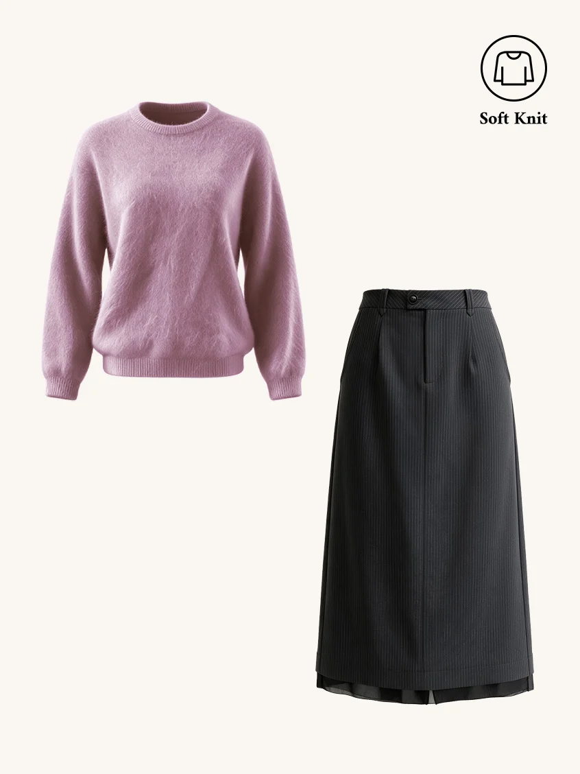 2Pcs Set Tru Cloud-Soft Wool Round Neck Sweater Lilac & Natasha Pinstripe A-Line Layered Midi Skirt
