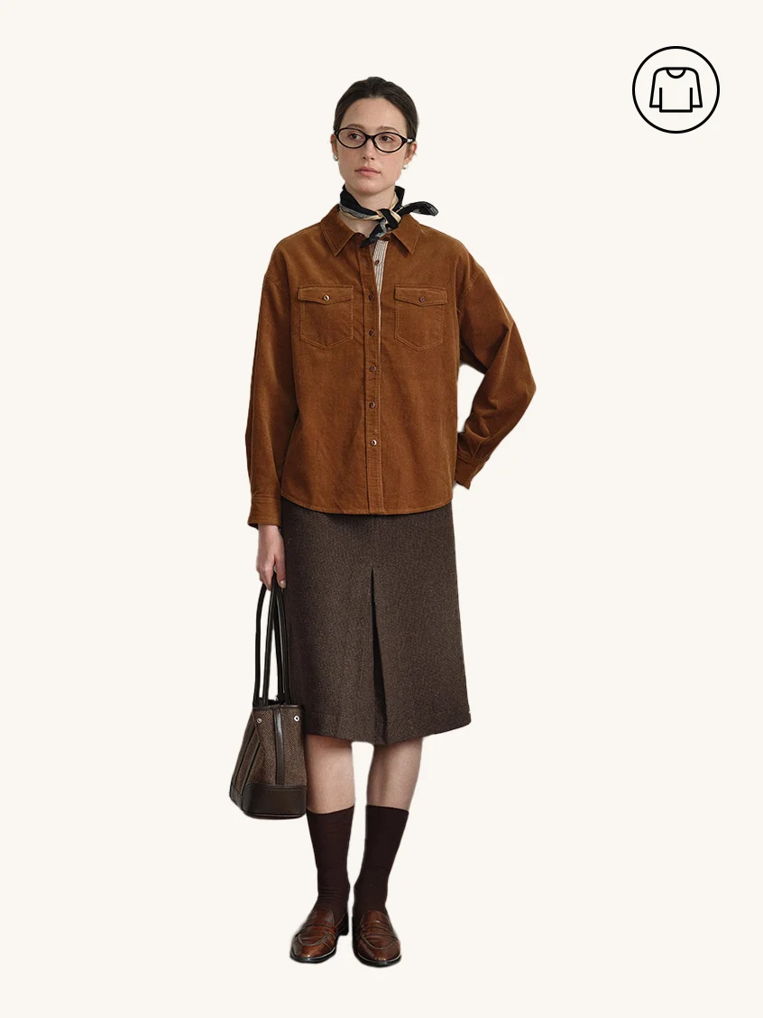 2Pcs Set Zosia 100% Cotton Dual-Pocket Shirt&Zeta Pocket Button Front-Slit A-Line Midi Skirt