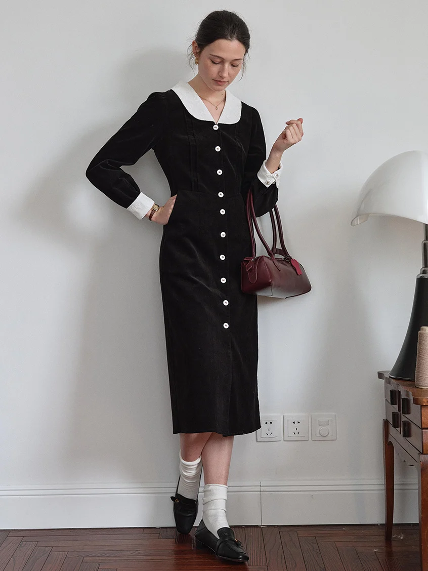 Aine Peter-Pan Collar Contrast-Cuff Button-Front Dress