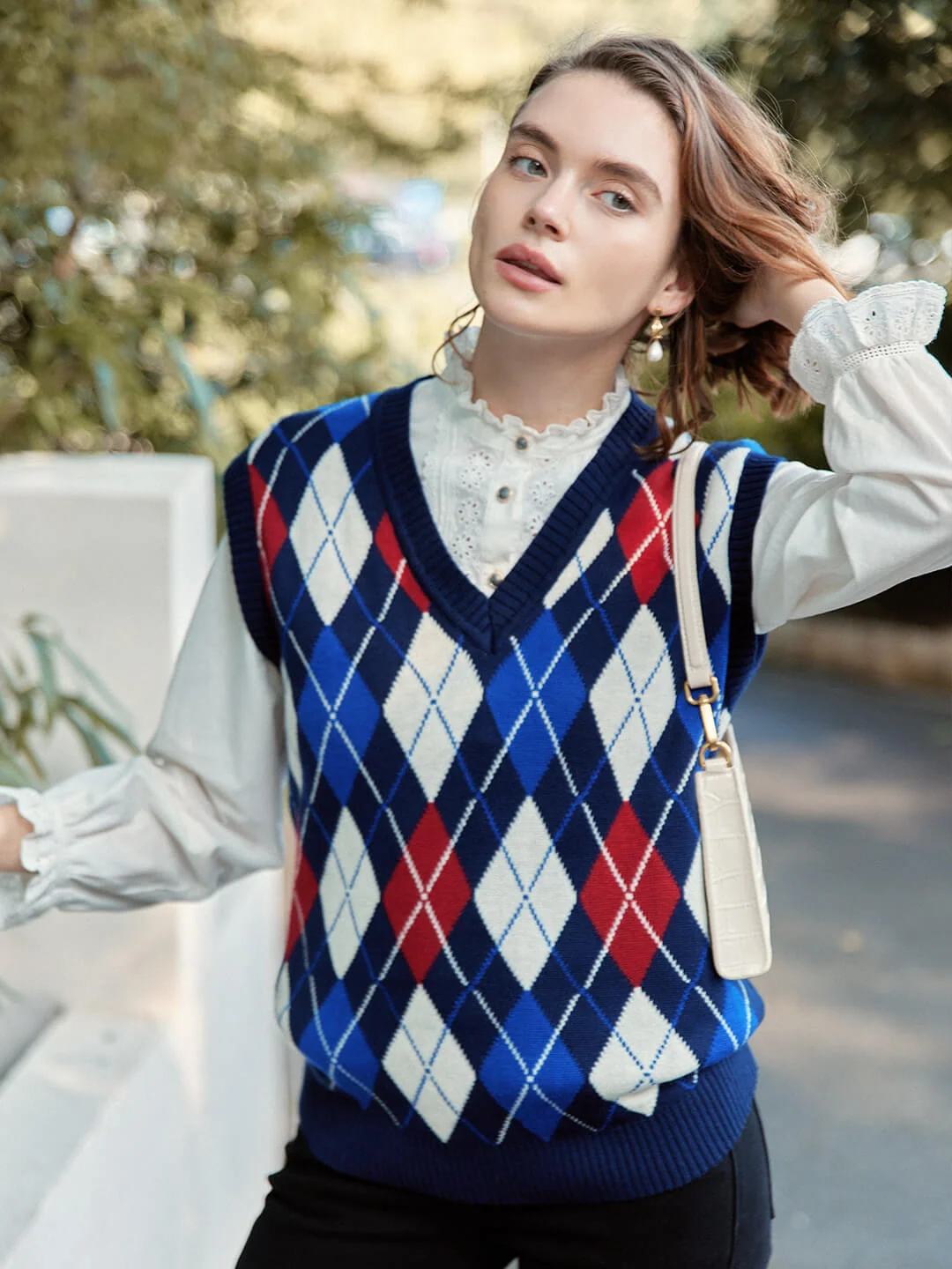【Final Sale】Jolene Argyle Patterned Dark Blue Knit Vest Sweater