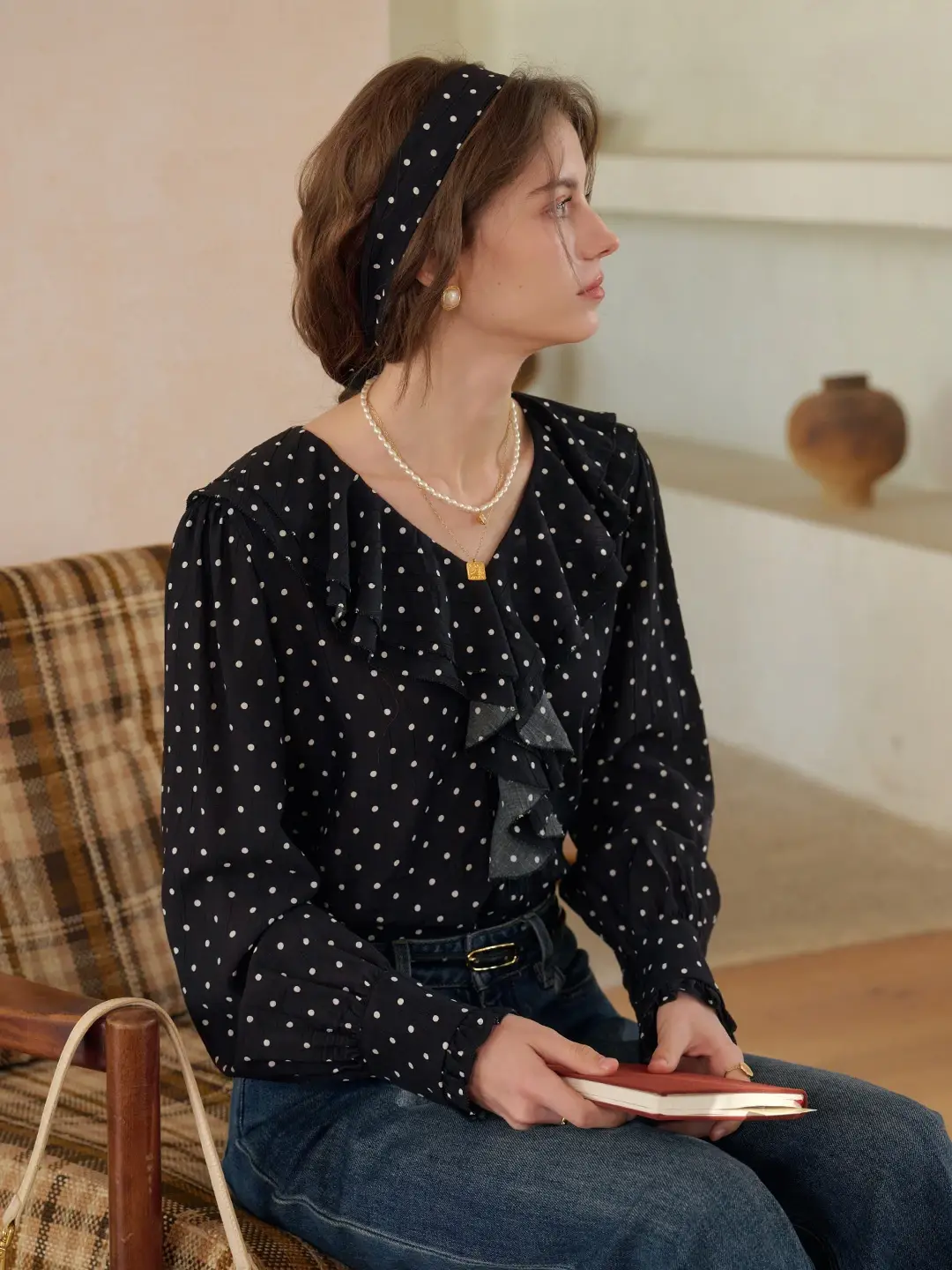 Keily V-Neck Dots Delicate Scarf Blouse