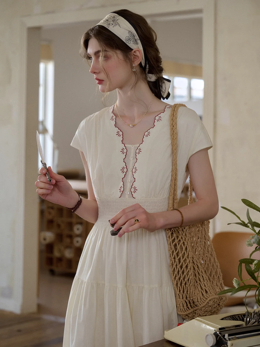 Adalyn Wavy Neck Embroidery 100% Cotton Dress