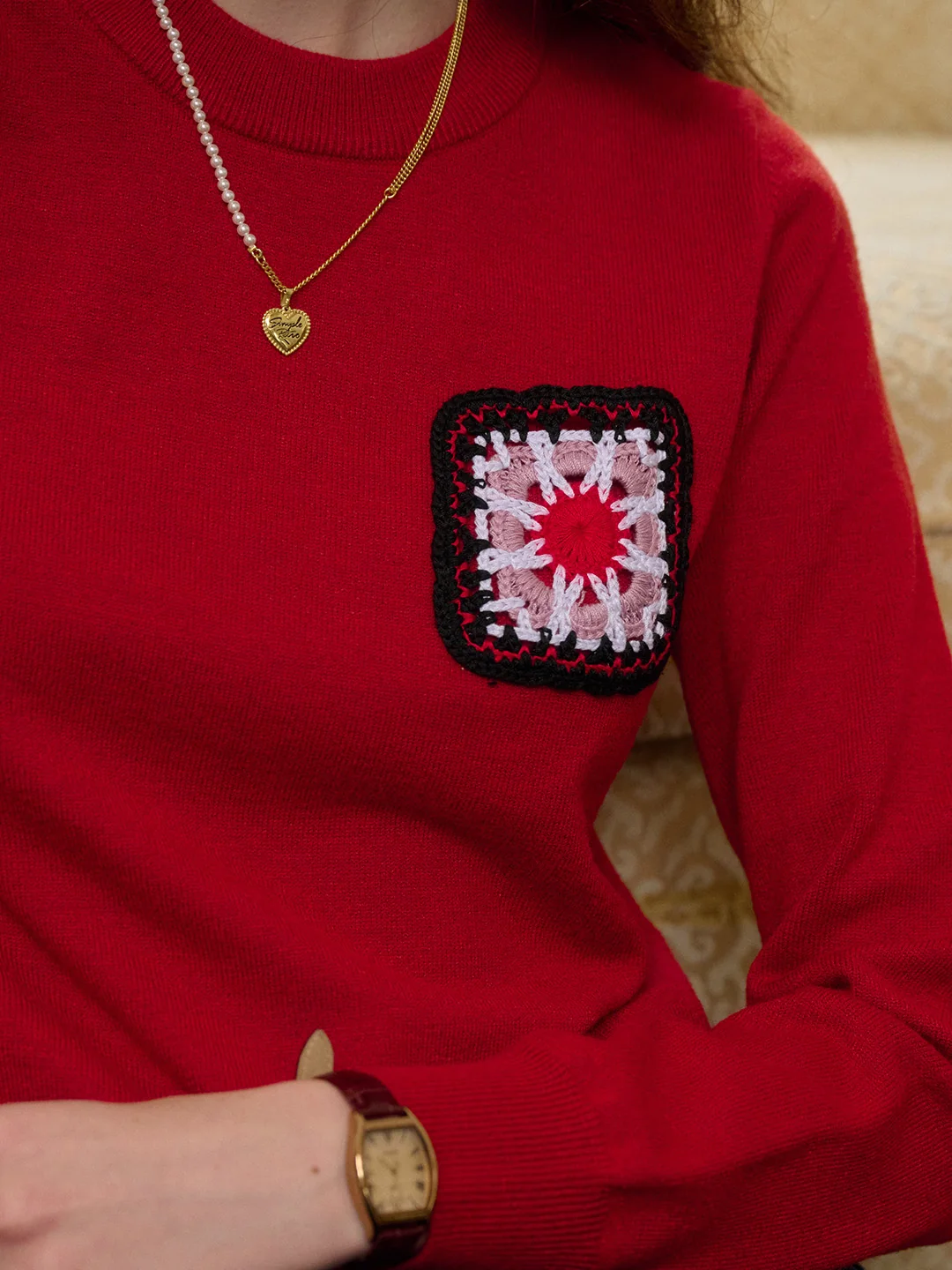 【Final Sale】Cadence Ribbed Round Neck Contrasting Embroidery Sweater