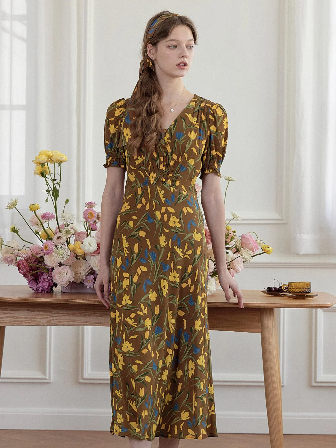 Bianca V-Neck Tulip Puff Sleeve Dress