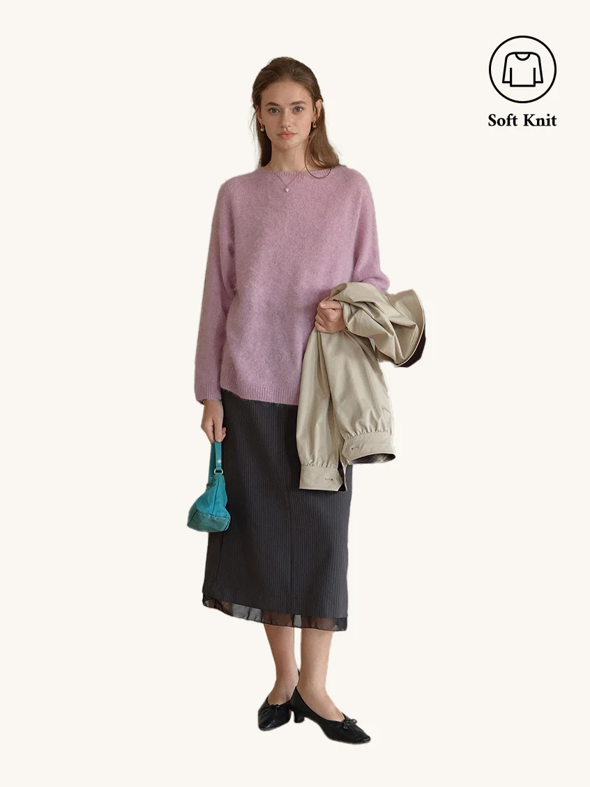 2Pcs Set Tru Cloud-Soft Wool Round Neck Sweater Lilac & Natasha Pinstripe A-Line Layered Midi Skirt