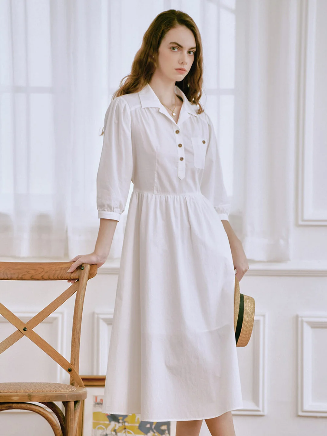 【Final Sale】Celeste Lapel Pocket Button-on 100% Cotton Dress