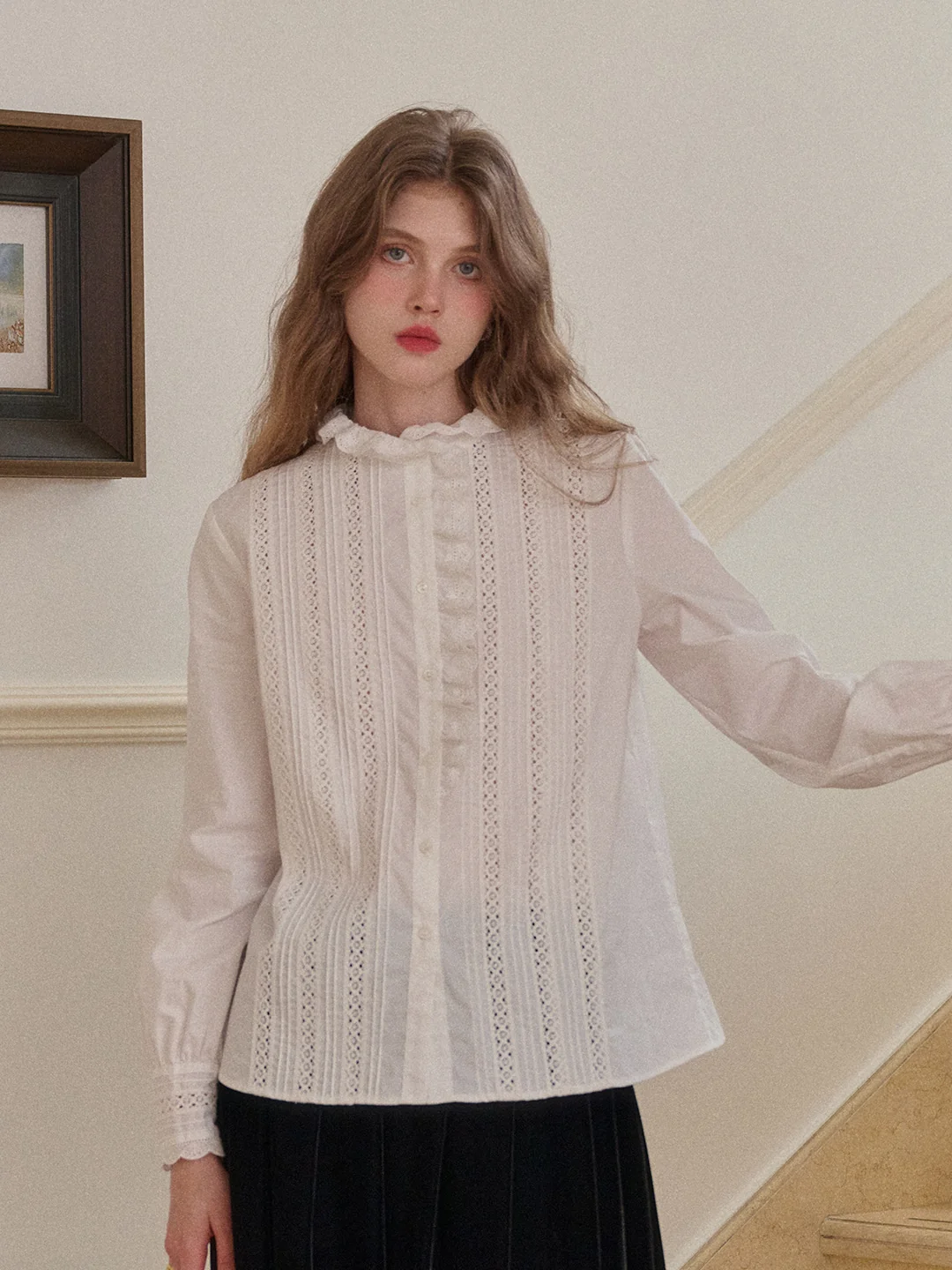 Journi Ruffle Collar Hollow 100% Cotton Blouse