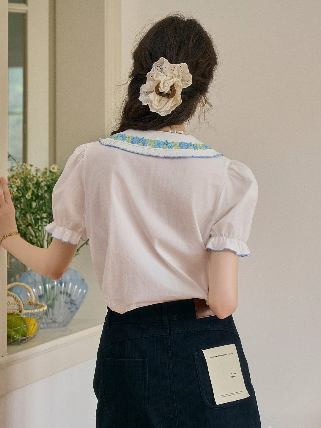 【Final Sale】Olivia Peter Pan Collar Embroidery 100% Cotton Blouse