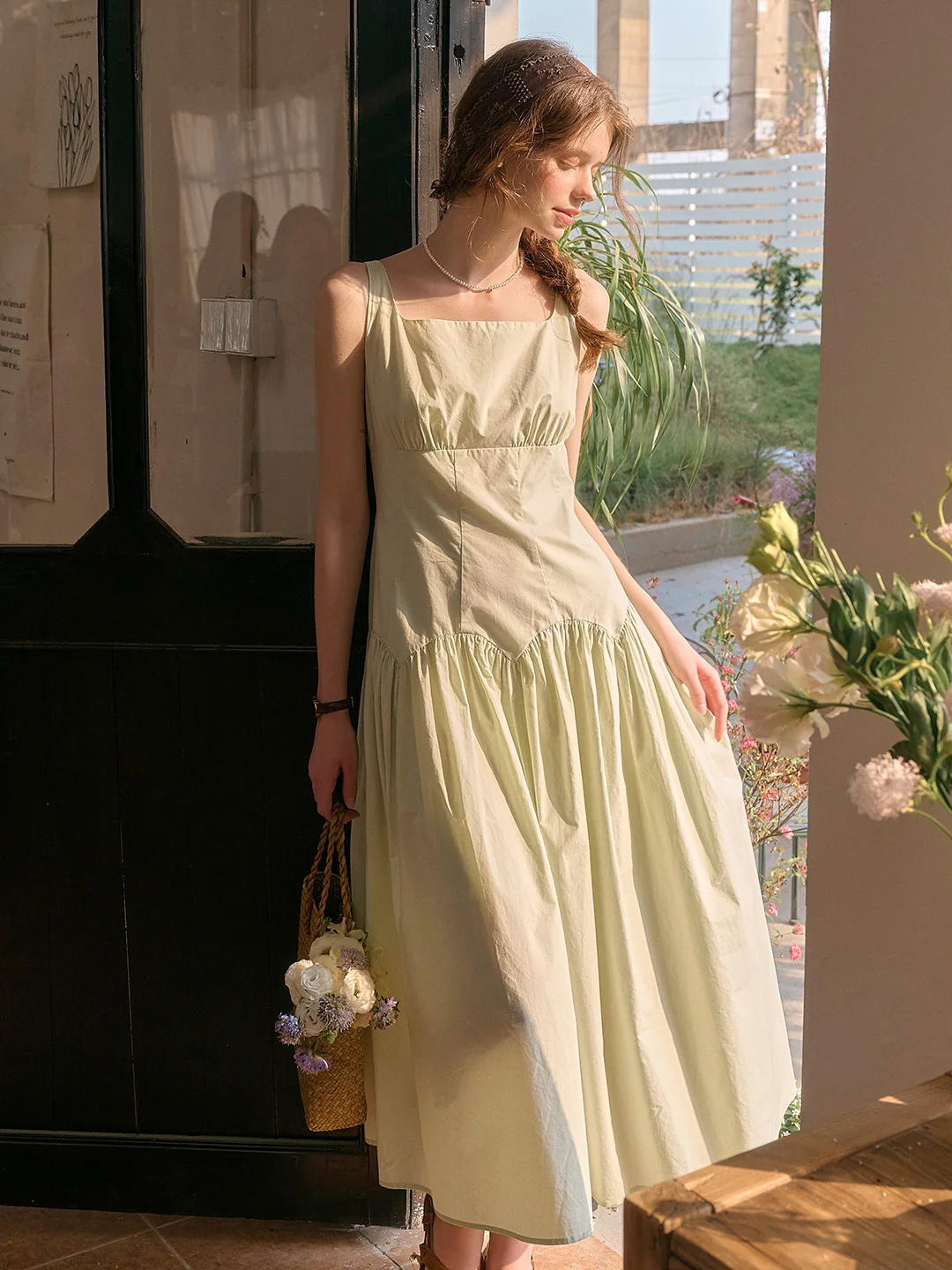 【Final Sale】Jemma Square Neck Patchwork Dress - Green
