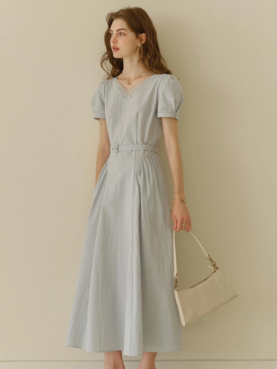 Juno V-Neck Lace Belted Waist Cotton Dress