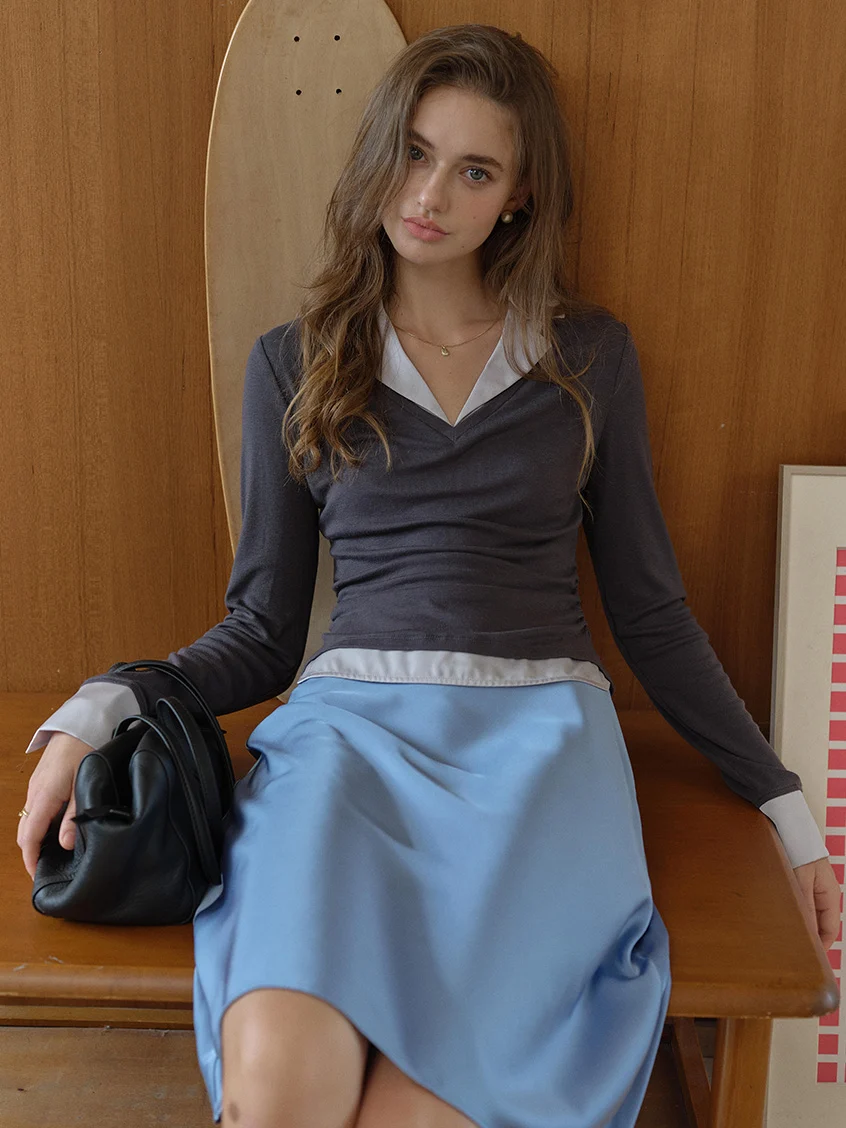 Malia Simple Two-Tone Layered Blouse