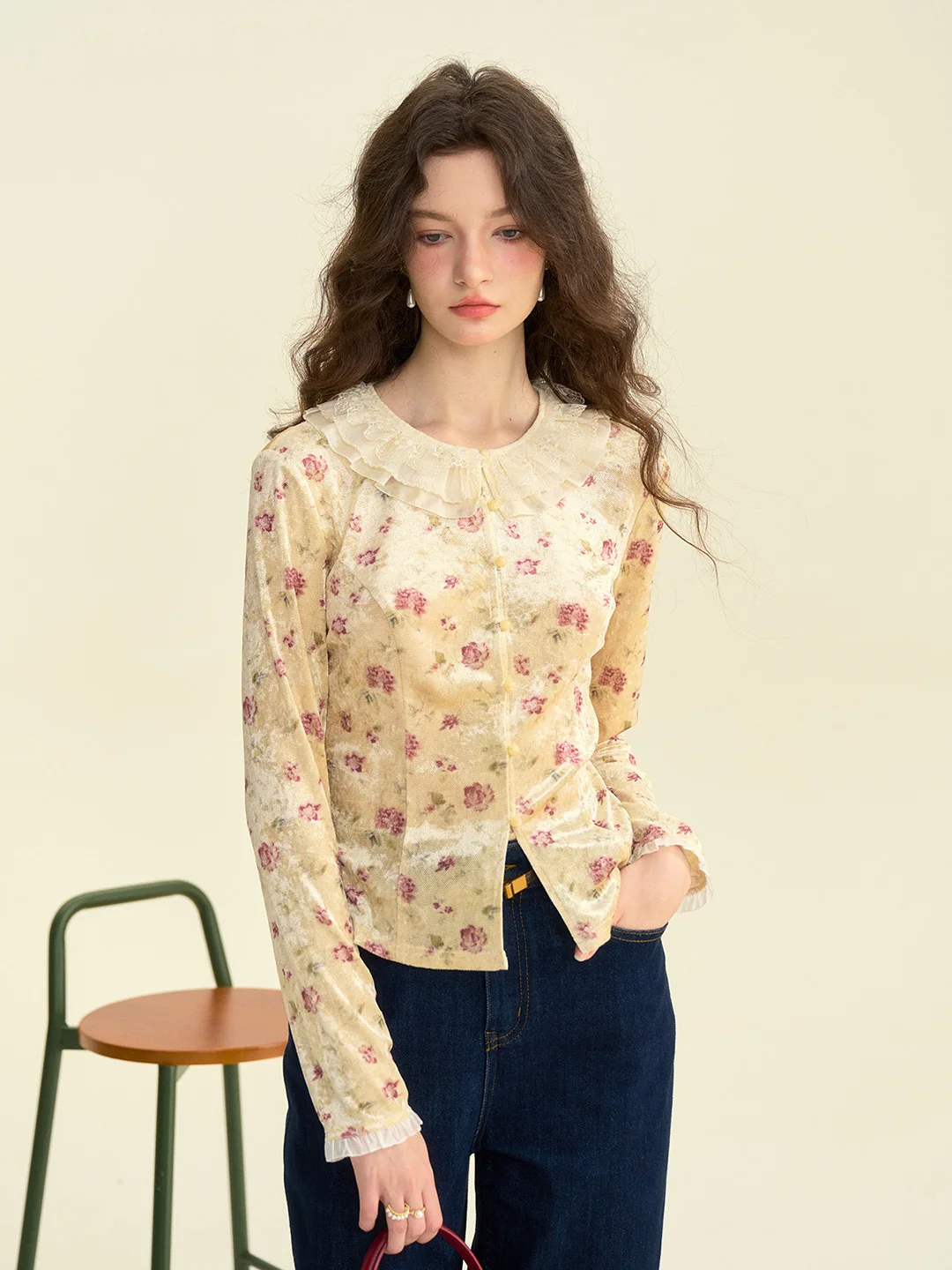 【Final Sale】Savannah Round Neck Lace Collar Floral Blouse
