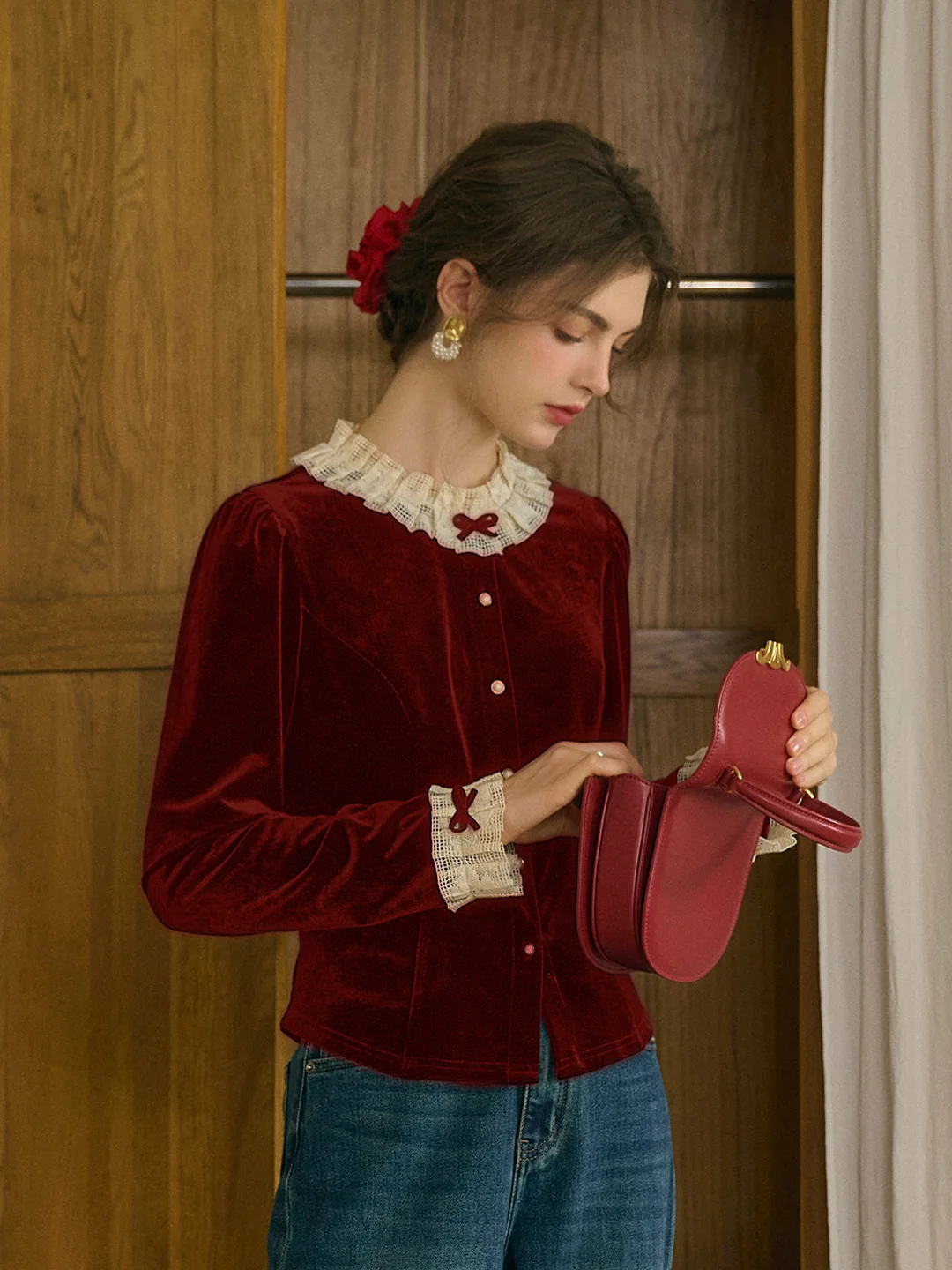Azaria Round Collar Contrasting Lace Panel Bow Velvet Top