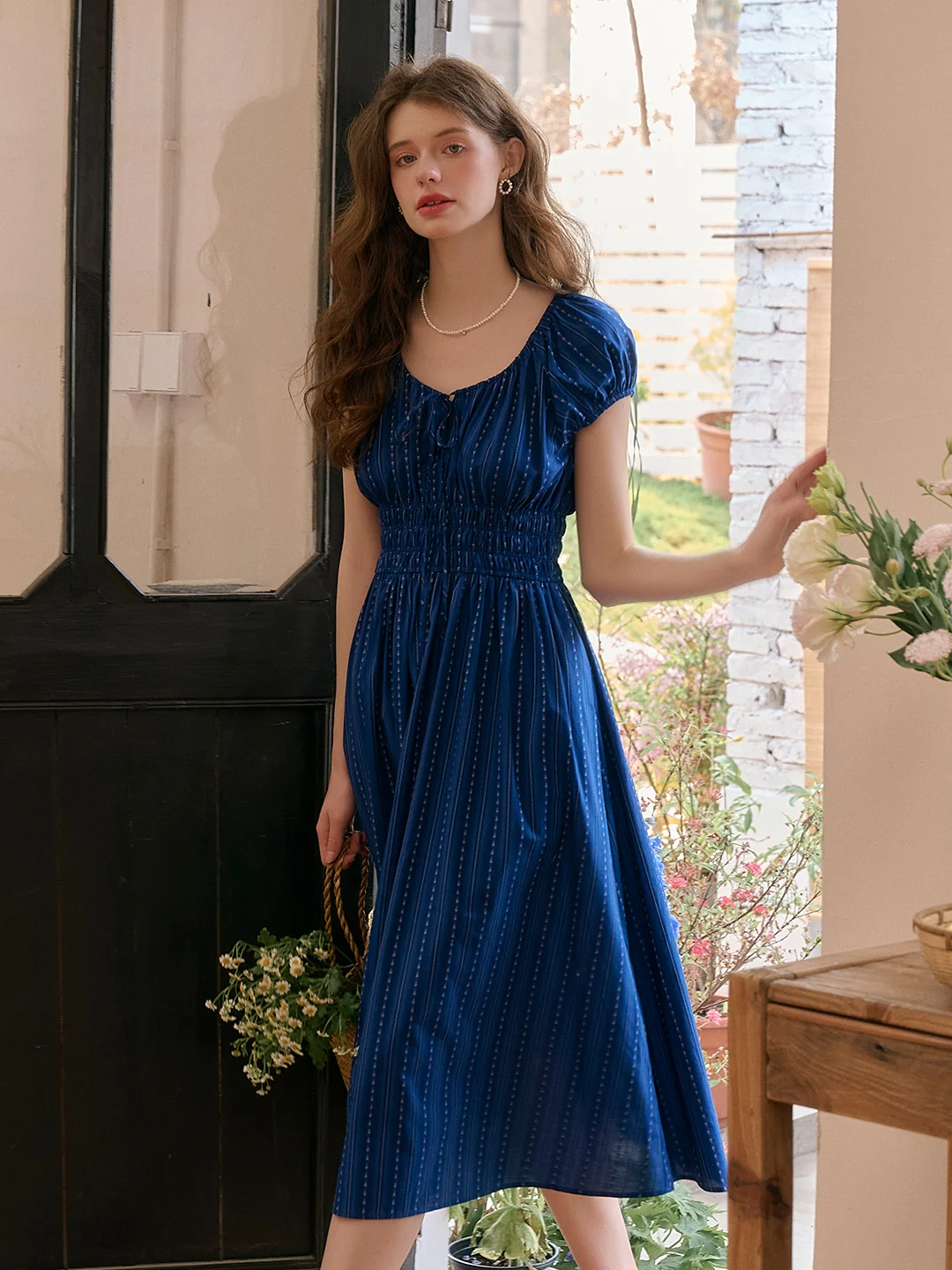 Sapphire Round Neck Waist Cotton Dress