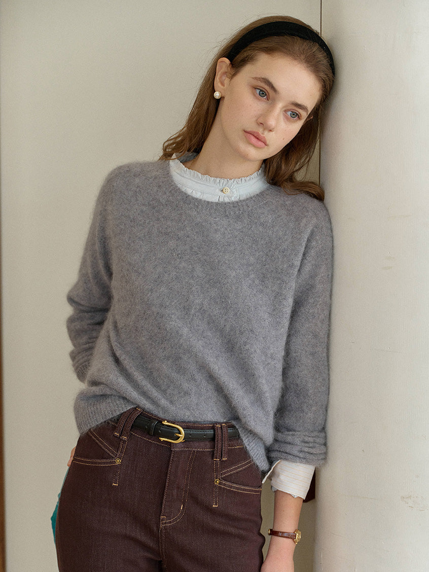 Tru Cloud-Soft Wool Round Neck Sweater Flowers Grey