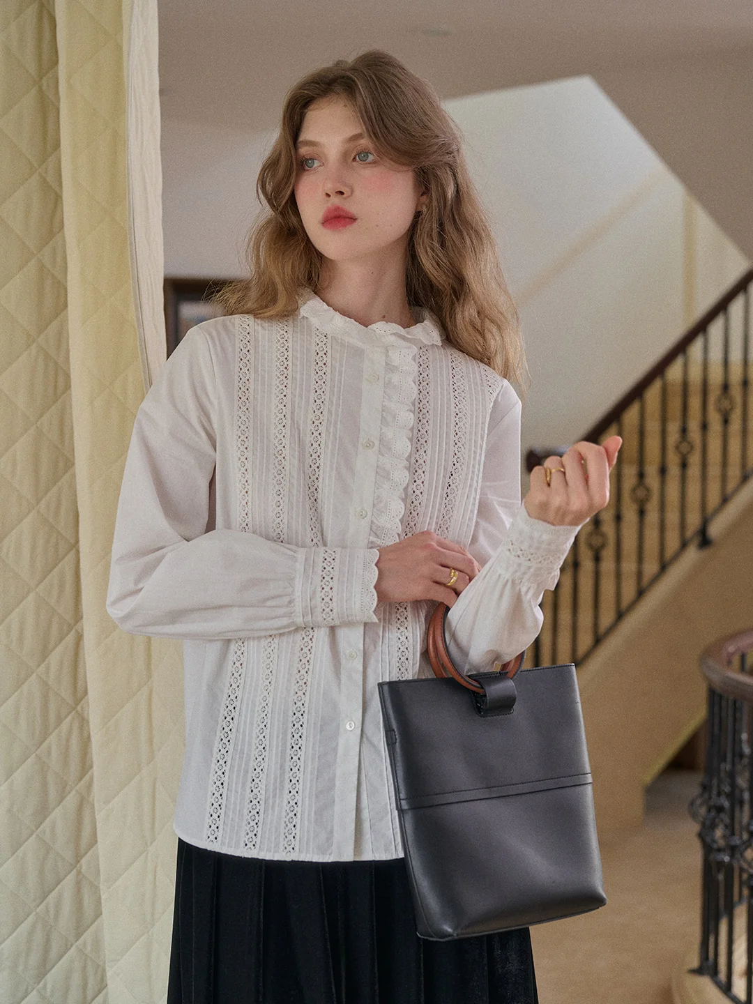 Journi Ruffle Collar Hollow 100% Cotton Blouse