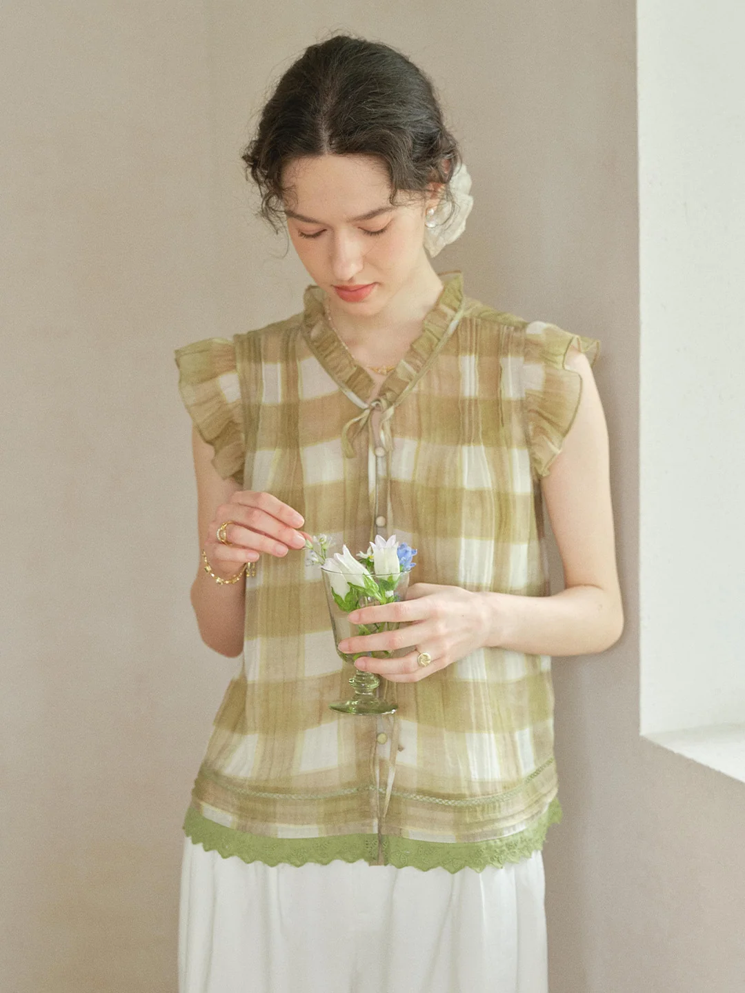 Janelle V-Neck Plaid Blouse