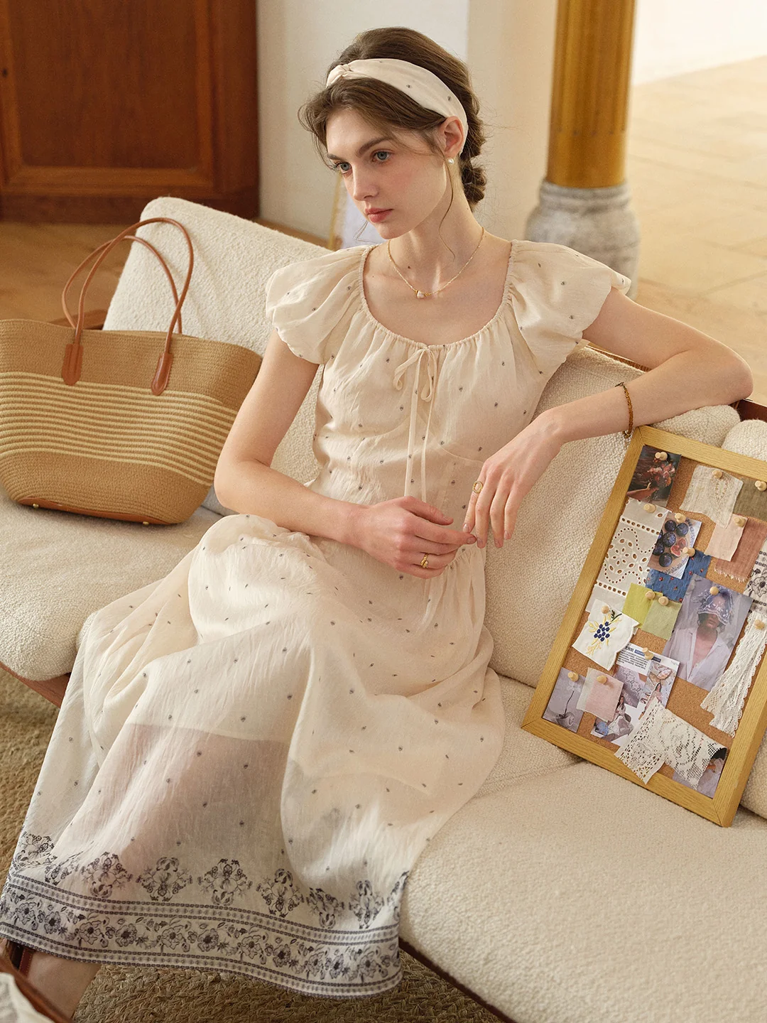 Gabriella Round Neck Printed Linen Dress
