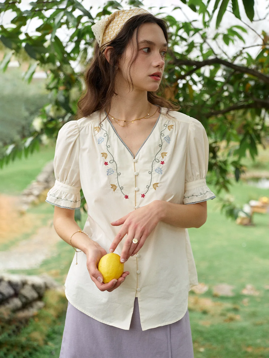 Violette V-Neck Flora Embroidered 100%Cotton Blouse