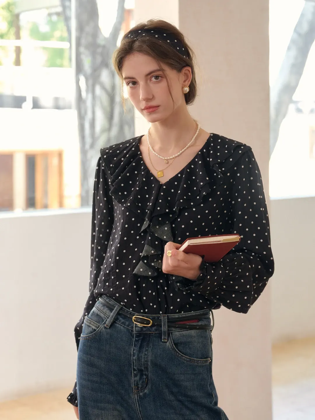 Keily V-Neck Dots Delicate Scarf Blouse