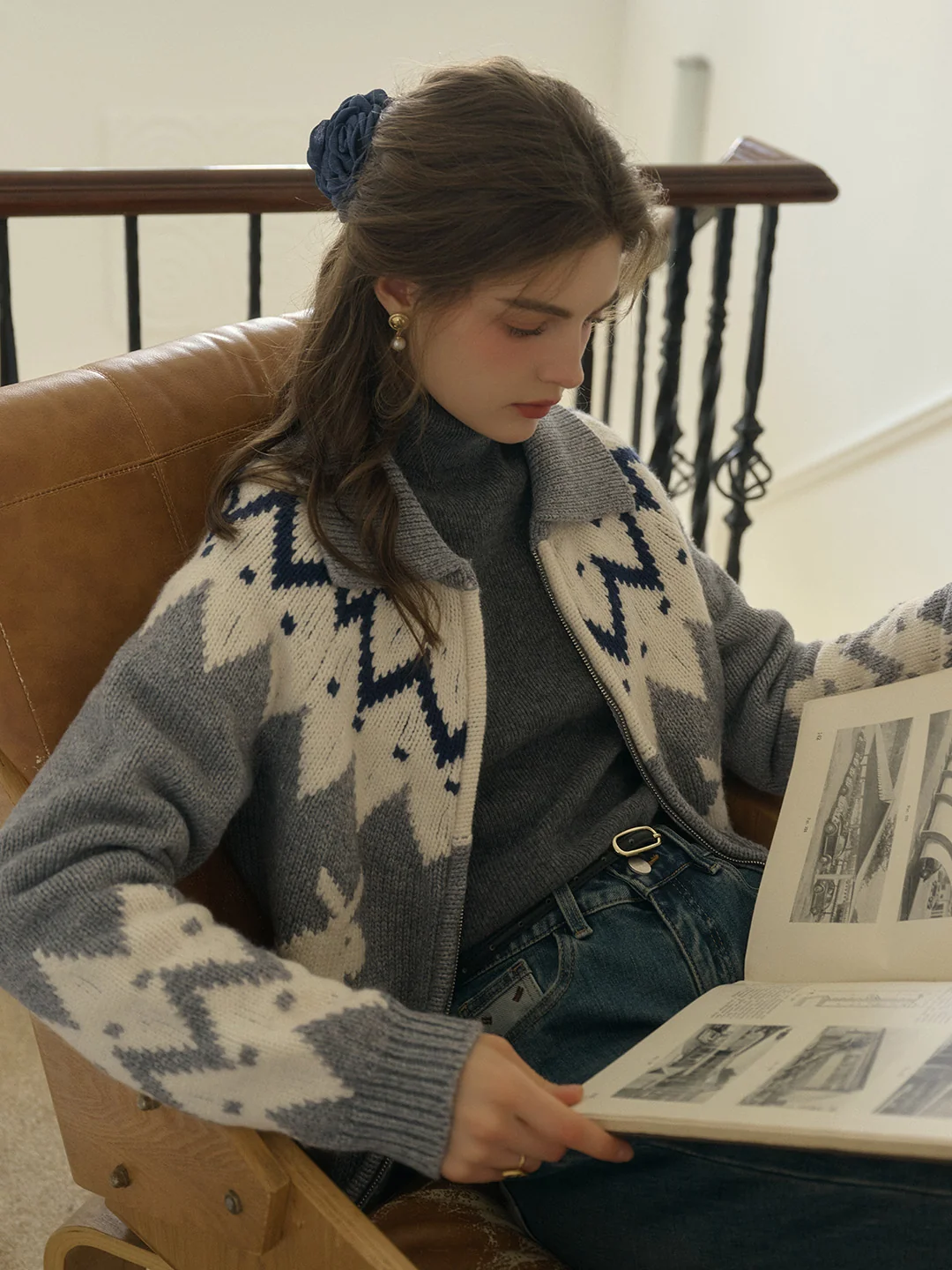 Ailany Notched Collar Fair Isle Double Zipper Wool Cardigan