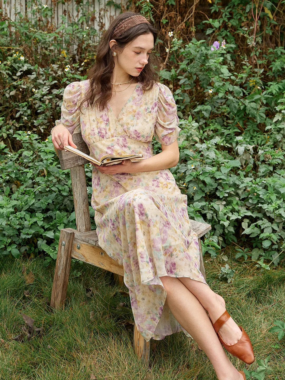 Natasha V-Neck Floral Ruched Sleeve Dress