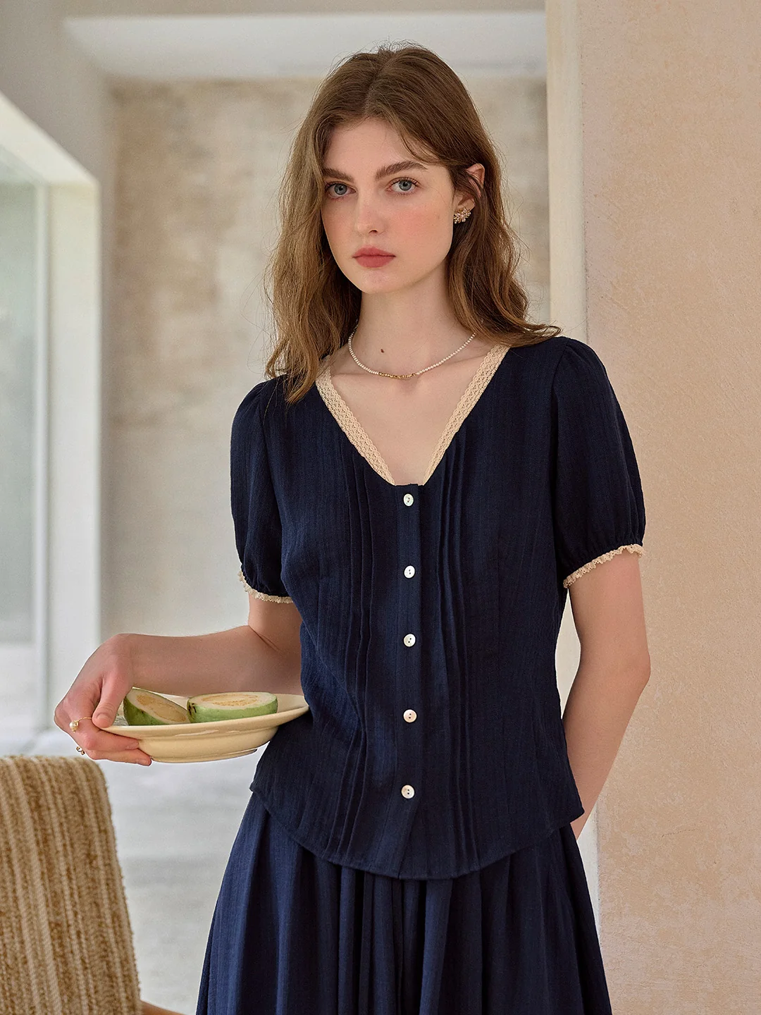 Madelyn V-Neck Lace Linen Top