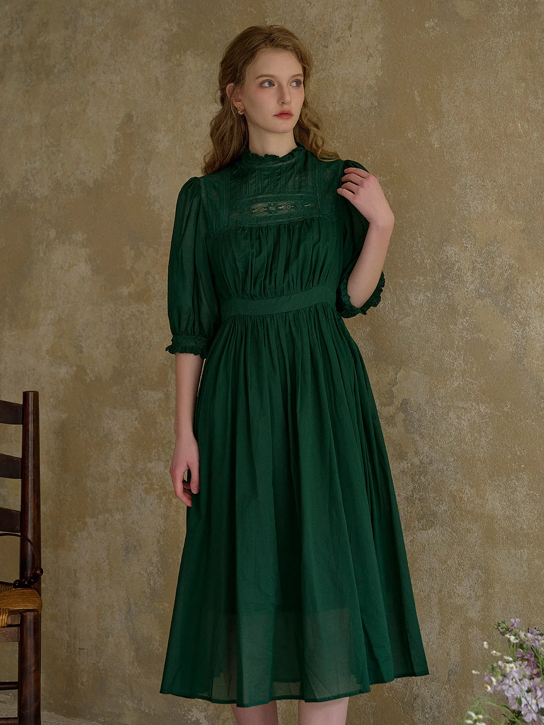 Averie Lace Panel Emerald Green Cotton Dress