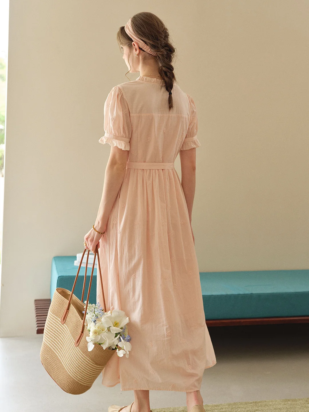 Aitana Rose Embroidered V-neck Puff Sleeve Lace Cotton Dress