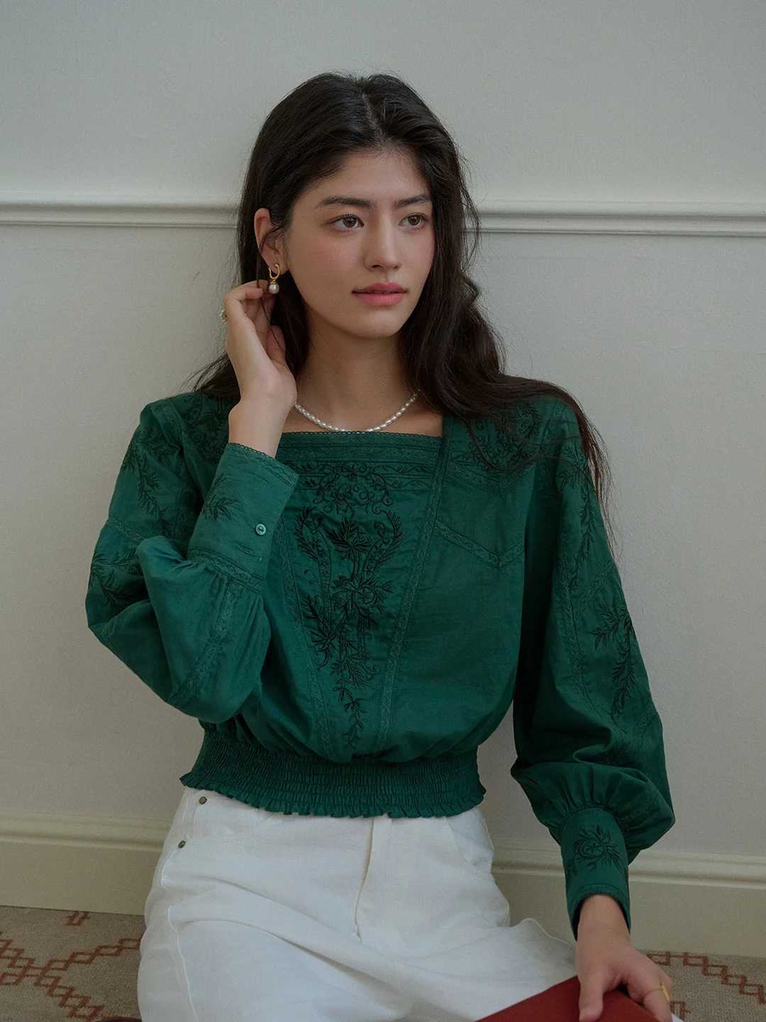 【Final Sale】Oakley Square Neck Embroidery 100% Cotton Blouse