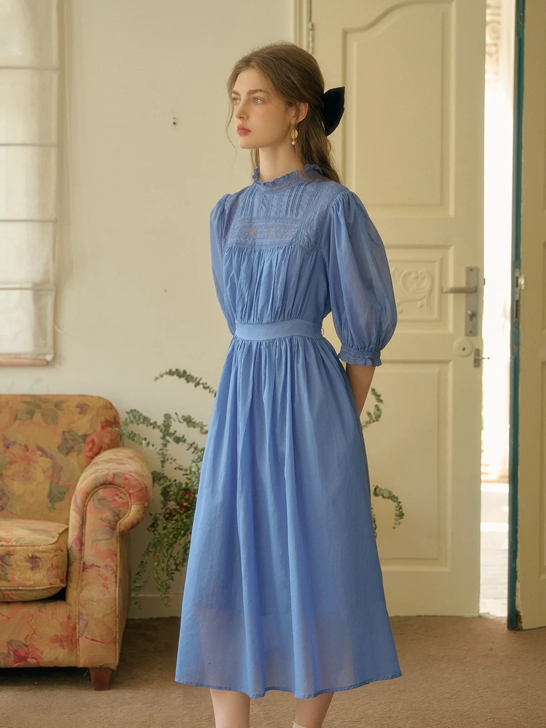 Averie Lace Panel Blue Cotton Dress