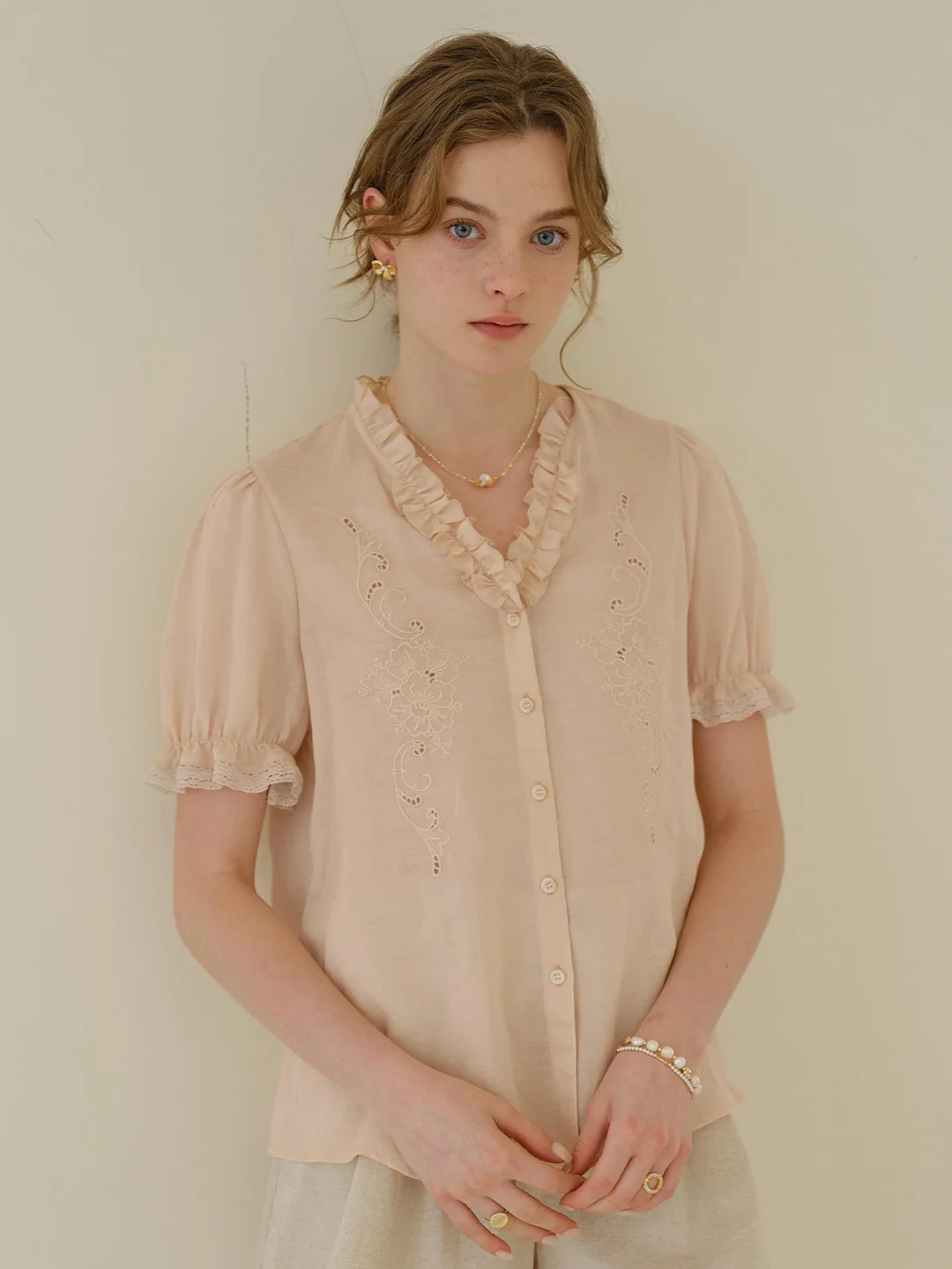 Amelia V- Neck Embroidered Ramie Blouse
