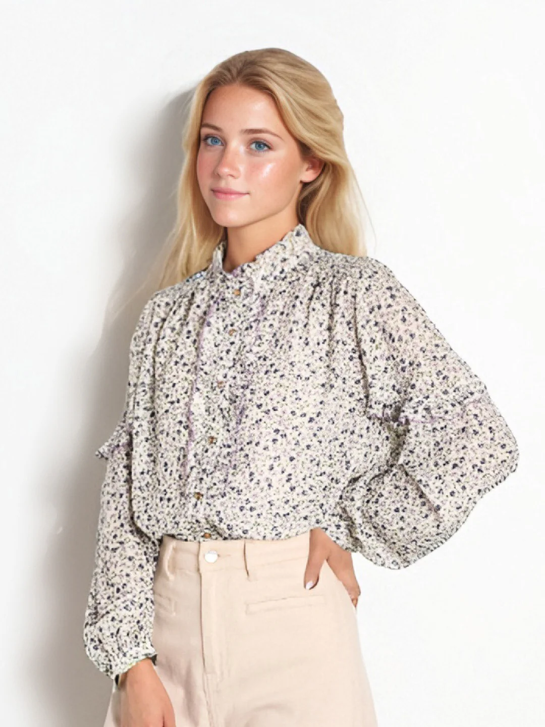 【Final Sale】Celia Stand-Up Collar Printing Collision Long-Sleeved Shirt