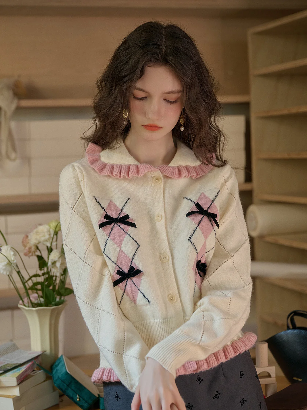 【Final Sale】Chandler Ruffle Collar Bow Cardigan