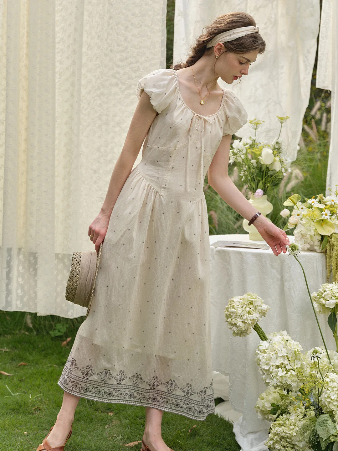 Gabriella Round Neck Printed Linen Dress