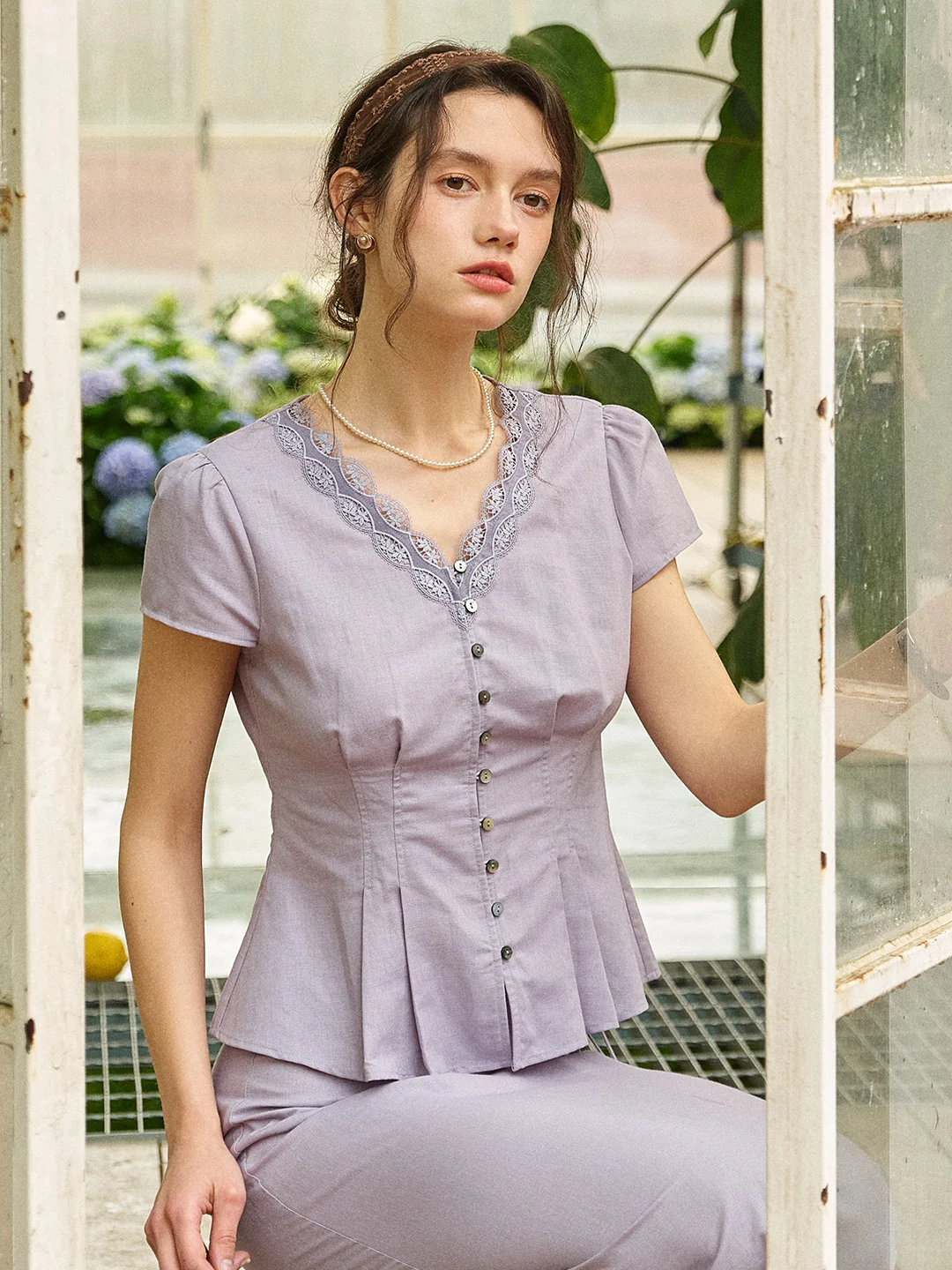 Kairi V-Neck Lace Trim Linen Cotton Blouse
