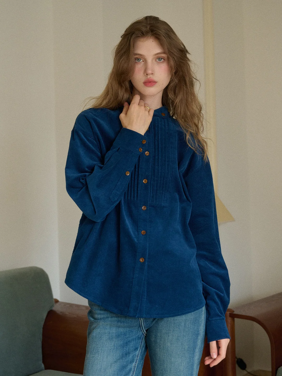 Ailani Stand Collar 100% Cotton Corduroy Shirt