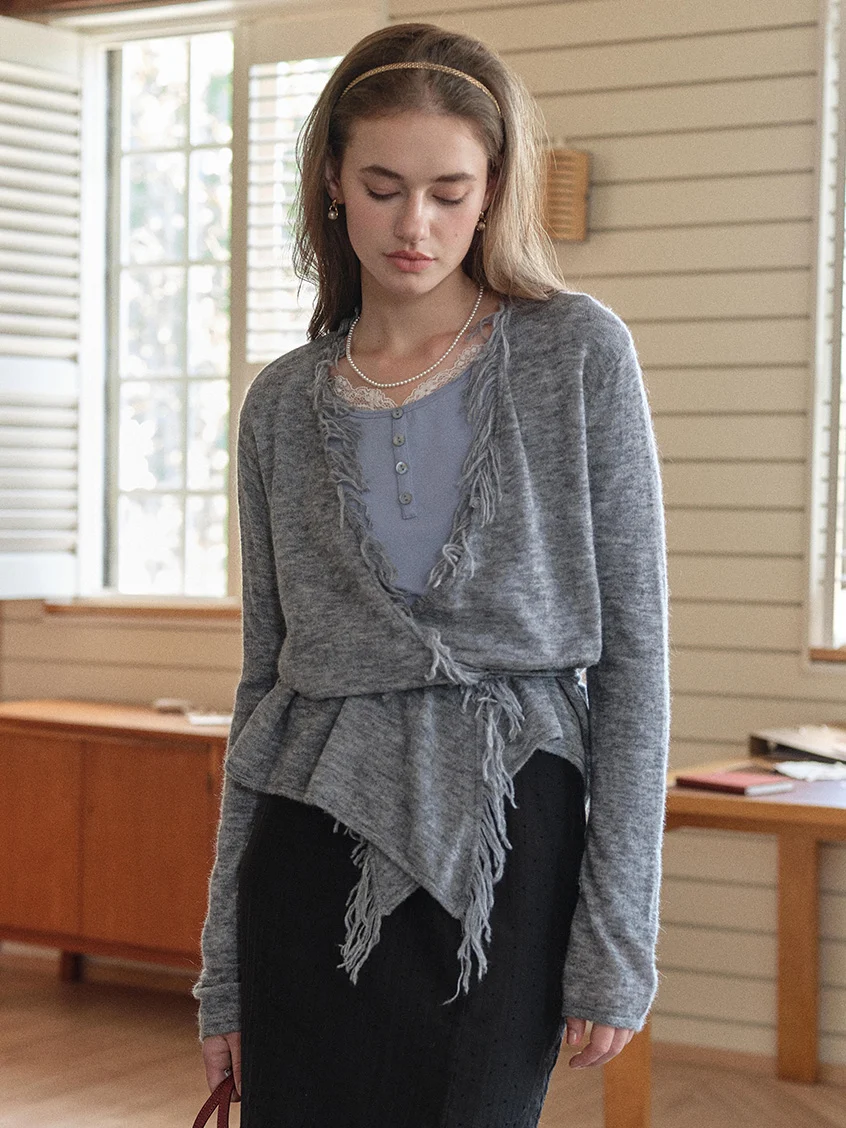 Celine French-Style V-Neck Tassel Wool Cardigan