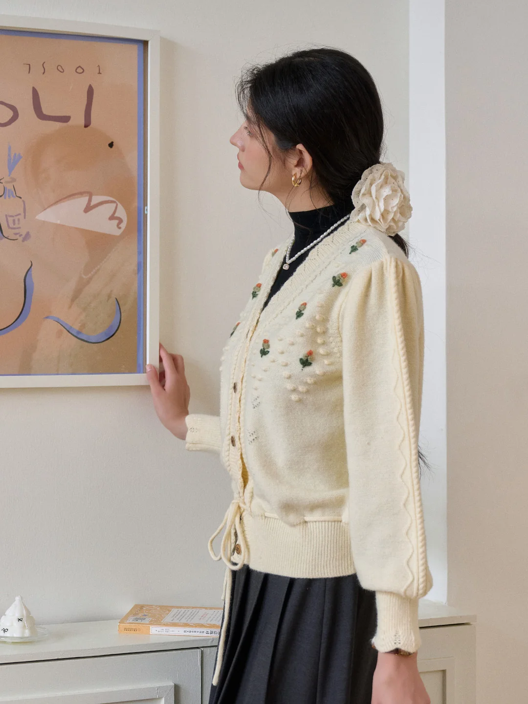 【Final Sale】Kira V-Neck Crochet Tie-Waist Wool Sweater