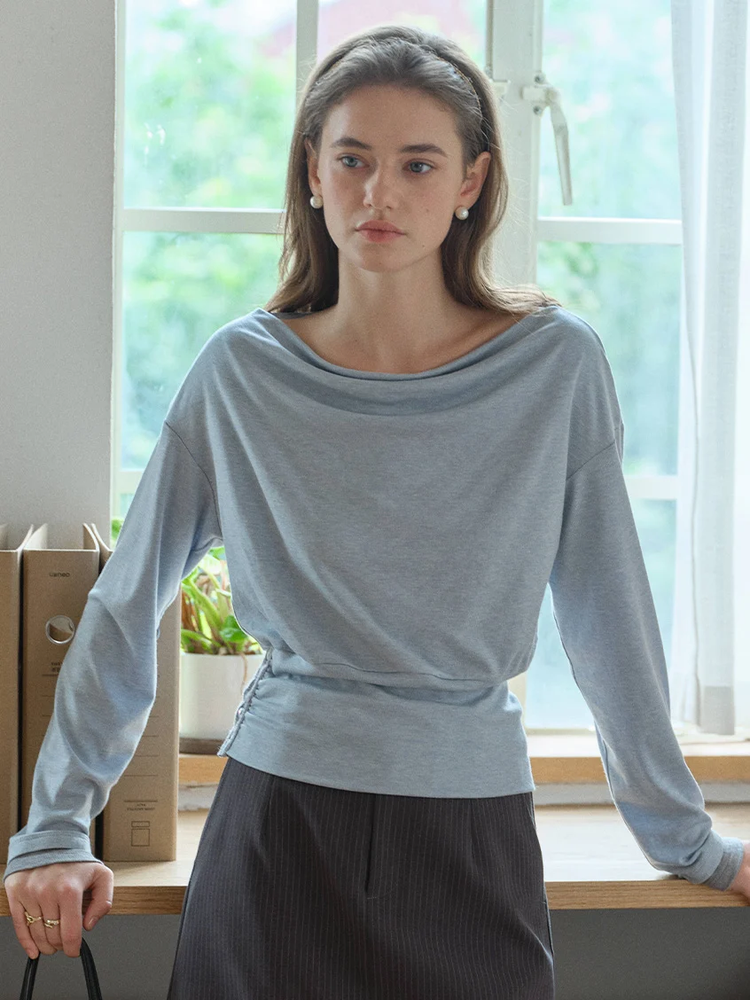 Indigo Cowl Neck Draped Flattering Top