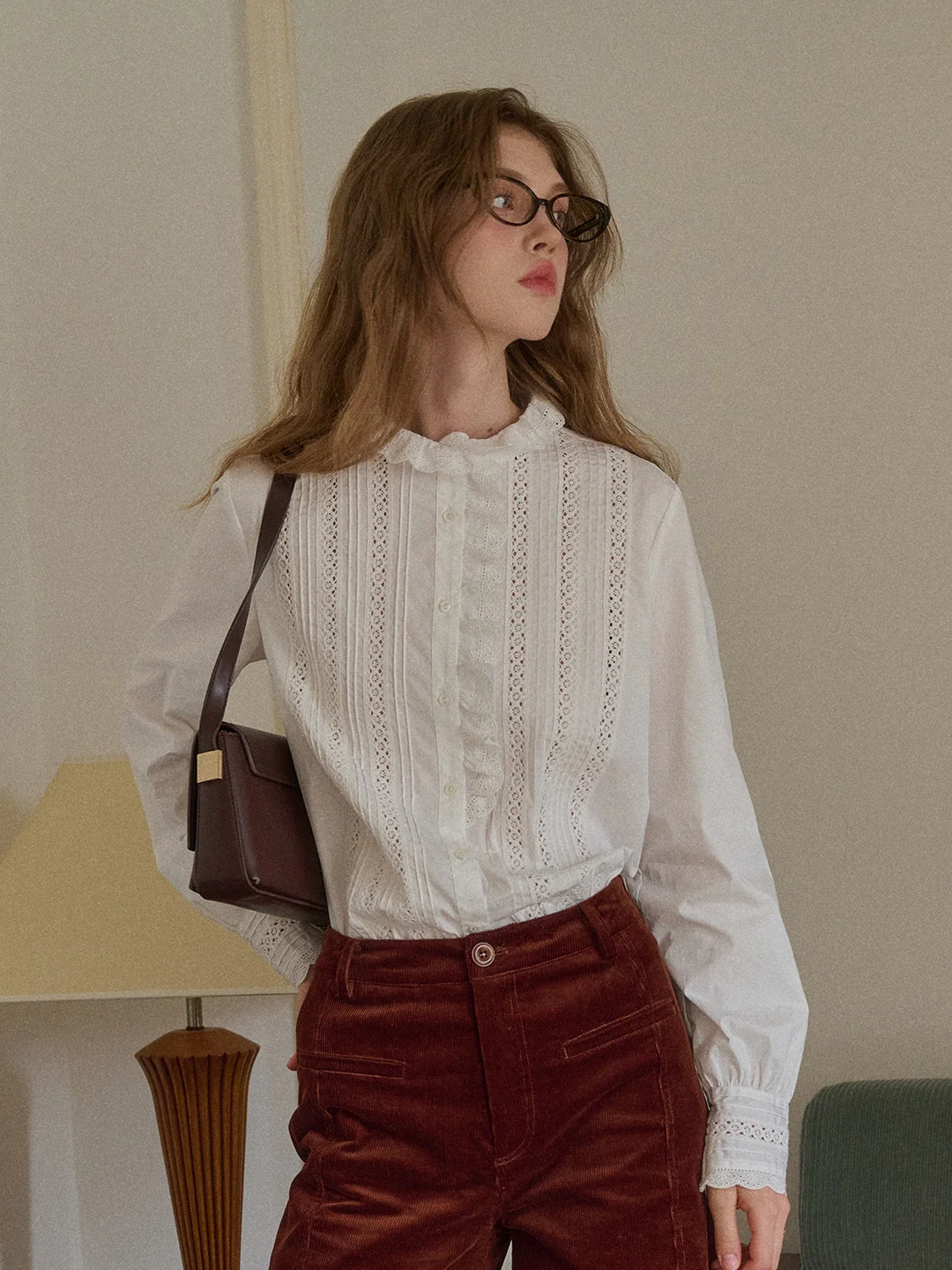 Journi Ruffle Collar Hollow 100% Cotton Blouse
