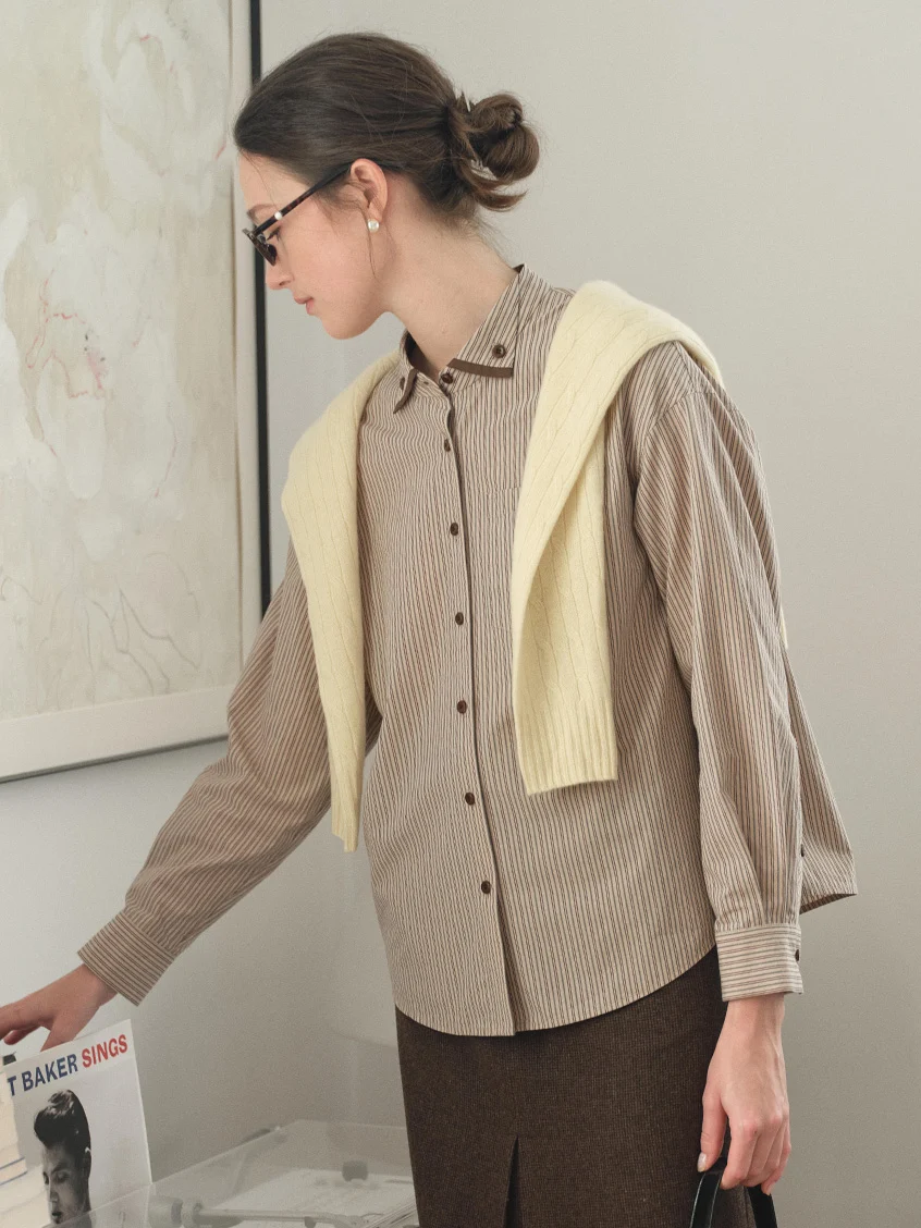 Aine 100%Cotton Contrast-Trim Pinstripe Shirt