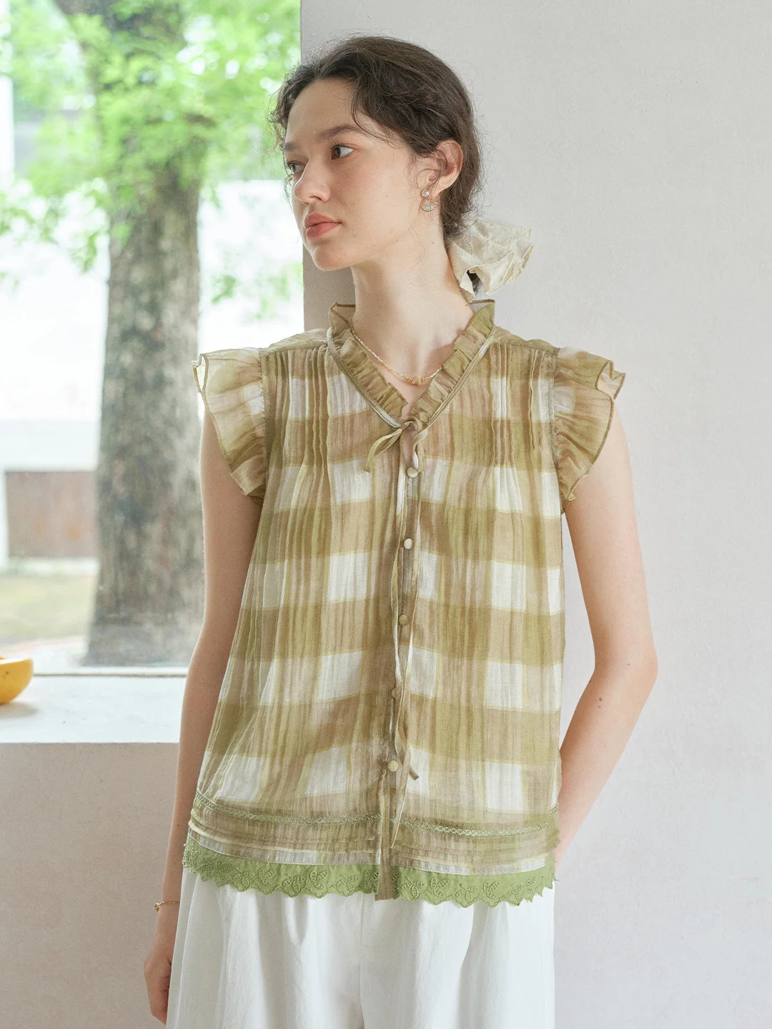 Janelle V-Neck Plaid Blouse
