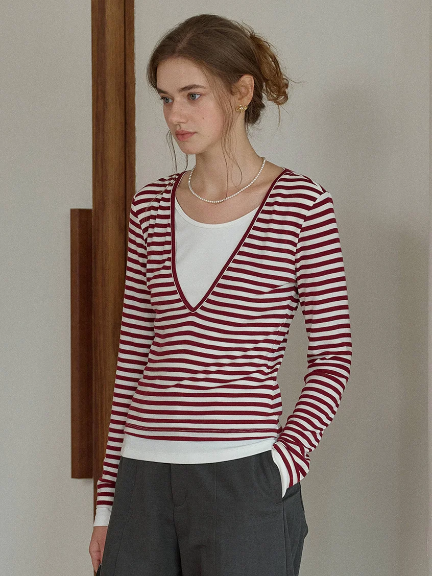 Amyra All-Purpose Cozy V-Neck Striped Layered Top