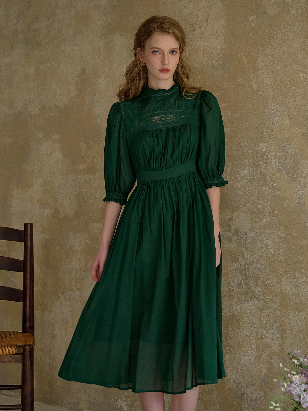 Averie Lace Panel Emerald Green Cotton Dress
